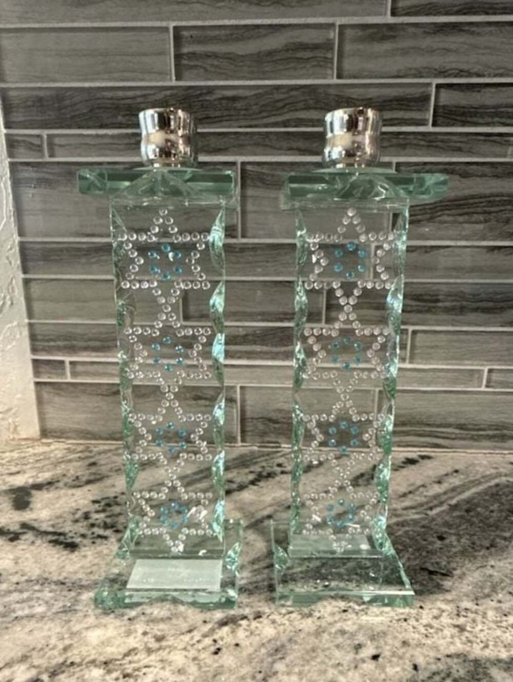 Set of 2 Decorative Crystal Shabbat Candlesticks with Star of David and Blue Gem